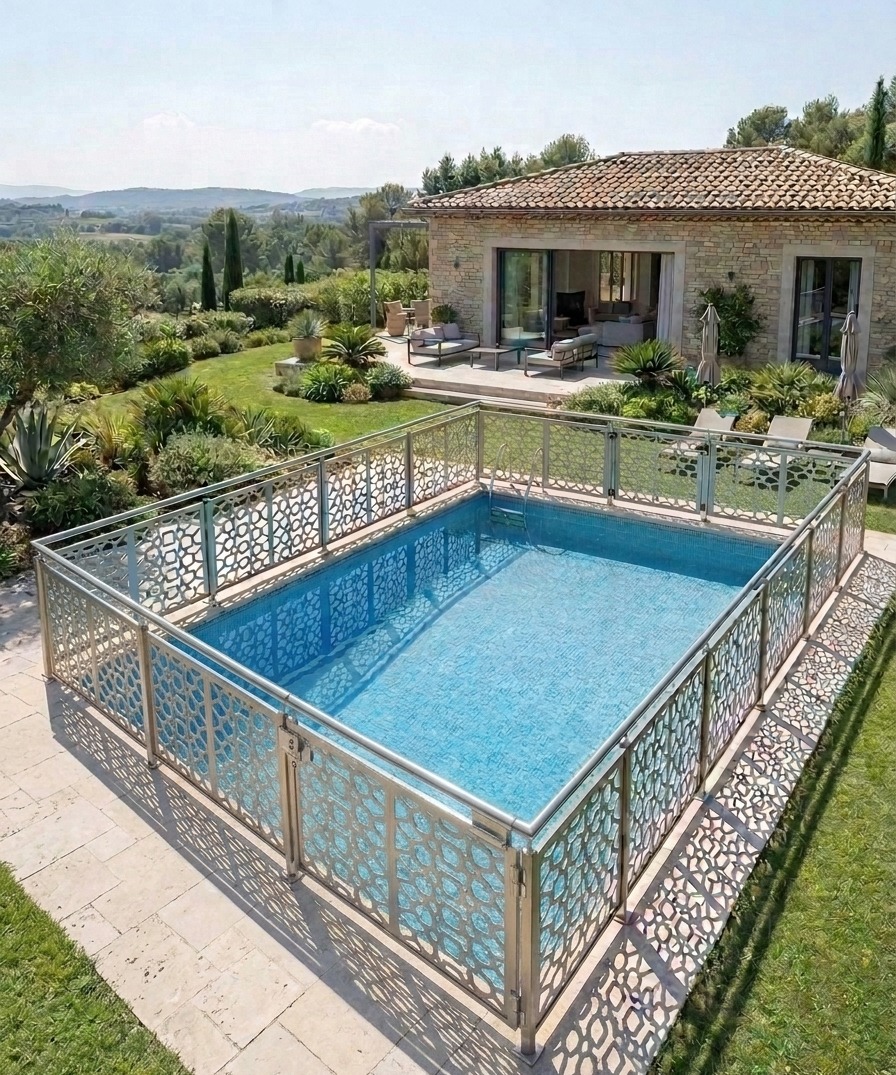 Baranda de piscina con panel decorativo